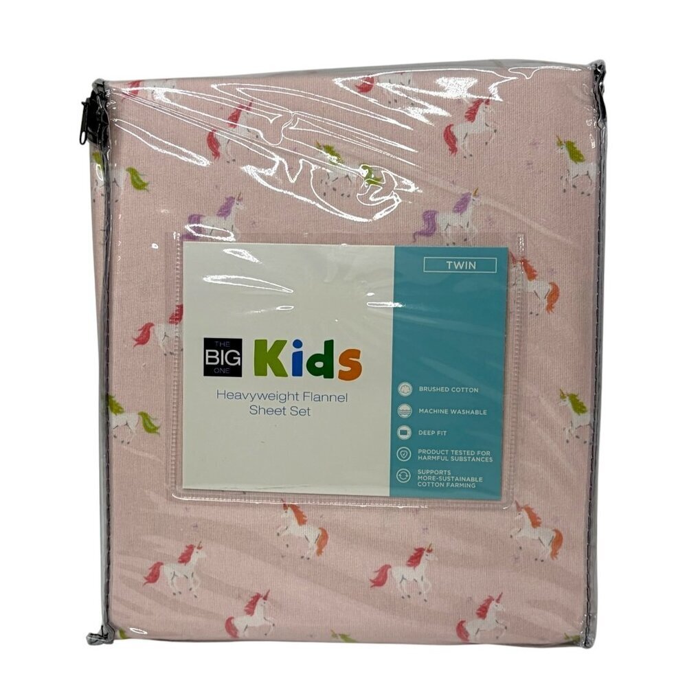 Big One Heavyweight Twin Size 100% Cotton FLANNEL Sheet Set Pink Unicorn New